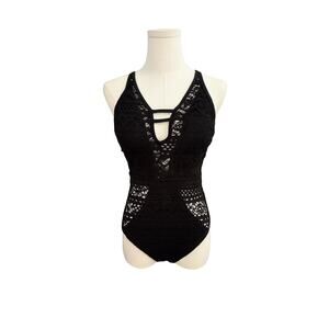 Black XL Cutout Crochet One-Piece Swimsuit with Tie Back and lace look NWT